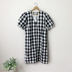 [LOFT] Women's Black & White Gingham Plaid Print Button Down Puff Sleeve Dress
